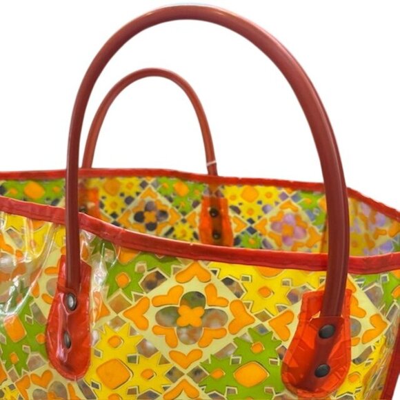 Colorful Mosaic Pattern Tote Bag With Red Handles Transparent Vinyl Exterior And - Picture 4 of 8